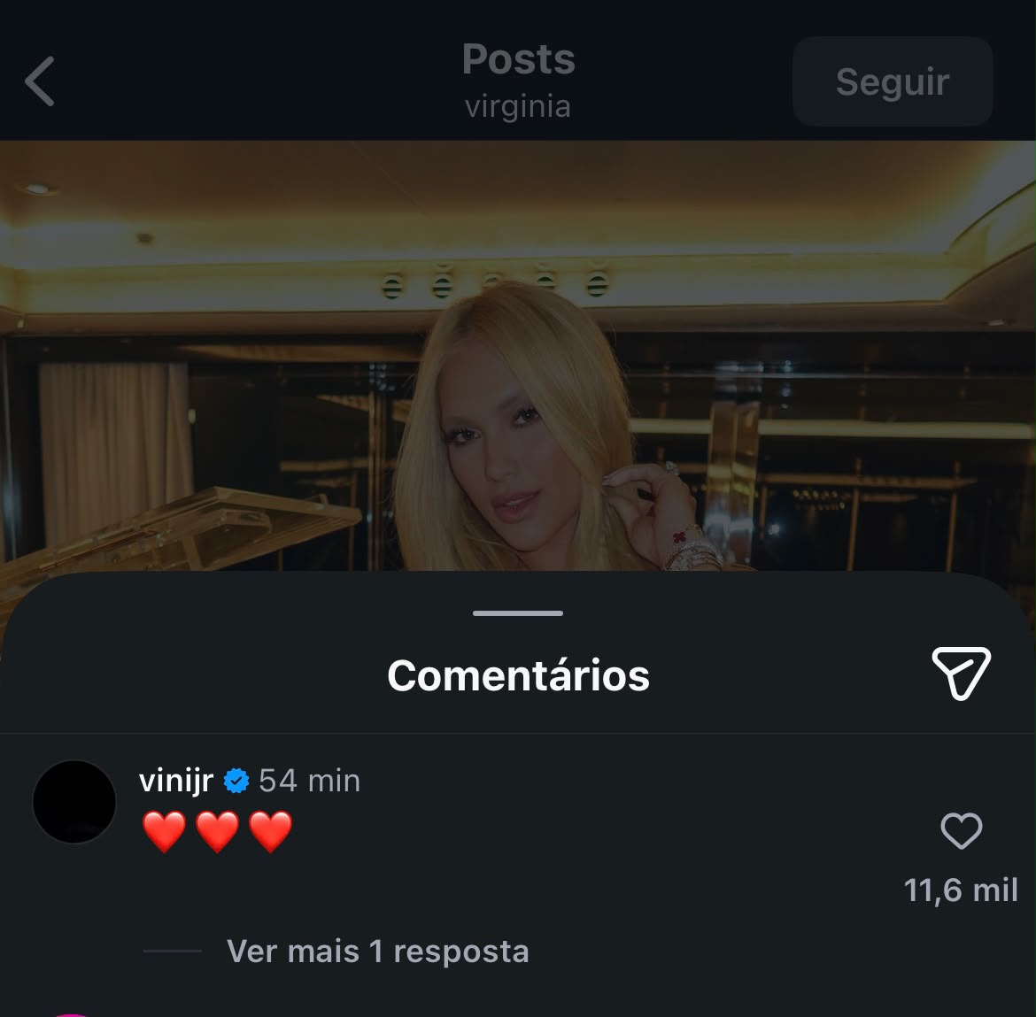 Vini Jr. comentou três corações na foto de Virginia - Foto: Reprodução/Instagram @virginia