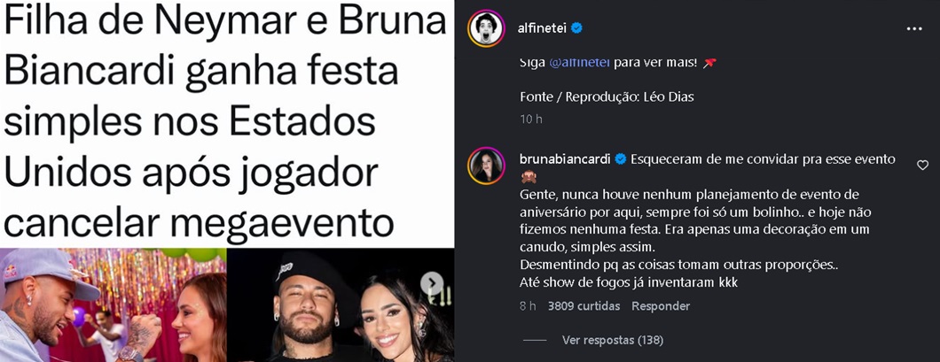 Comentário de Bruna Biancardi no Instagram