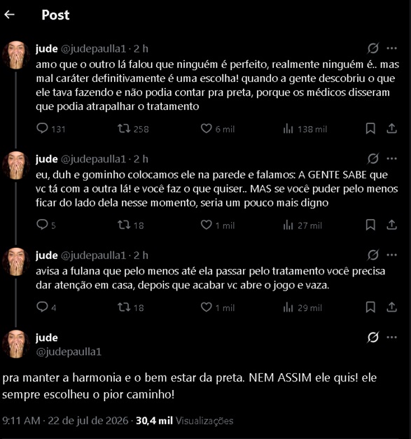 Desabafo de Jude Paulla no X