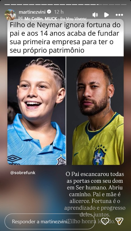 Vinicius Martinez elogia Neymar Jr, pai de Davi Lucca - Foto: Reprodução / Instagram @martinezvini