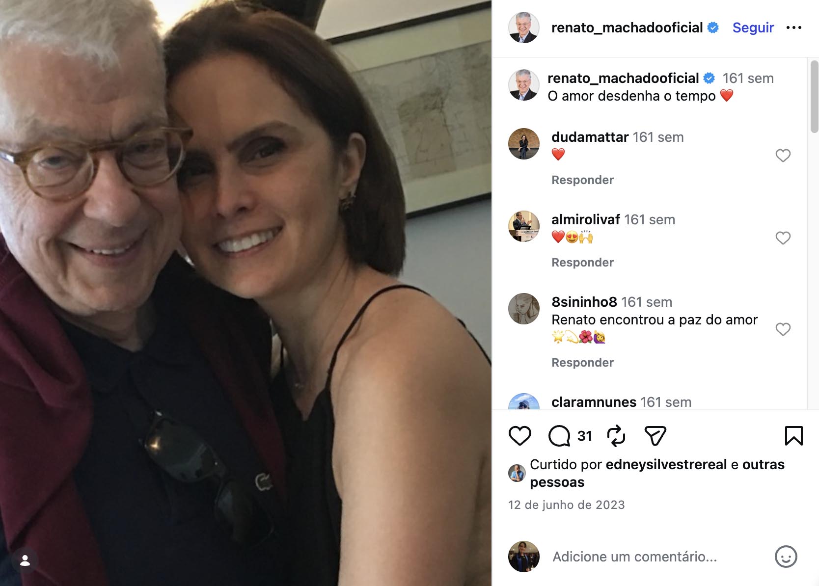Renato Machado com a esposa, Mônica Morel - Foto: Reprodução / Instagram