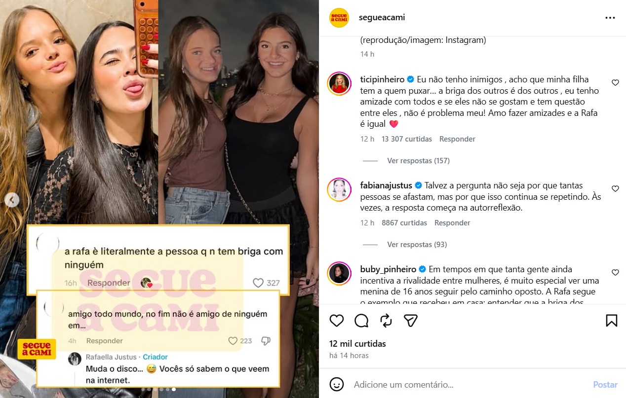 Familiares de Rafa Justus saem em defesa da adolescente após suposta indireta de influenciadora - Foto: Reprodução / Instagram @segueacami 