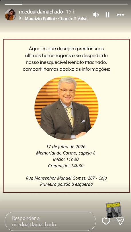 Filha de Renato Machado divulga informações sobre o velório do pai - Foto: Reprodução / Instagram @m.eduardamachado