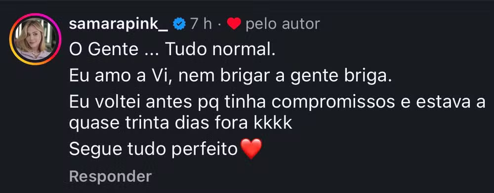 Comentário de Samara Pink - Foto: Reprodução/Instagram