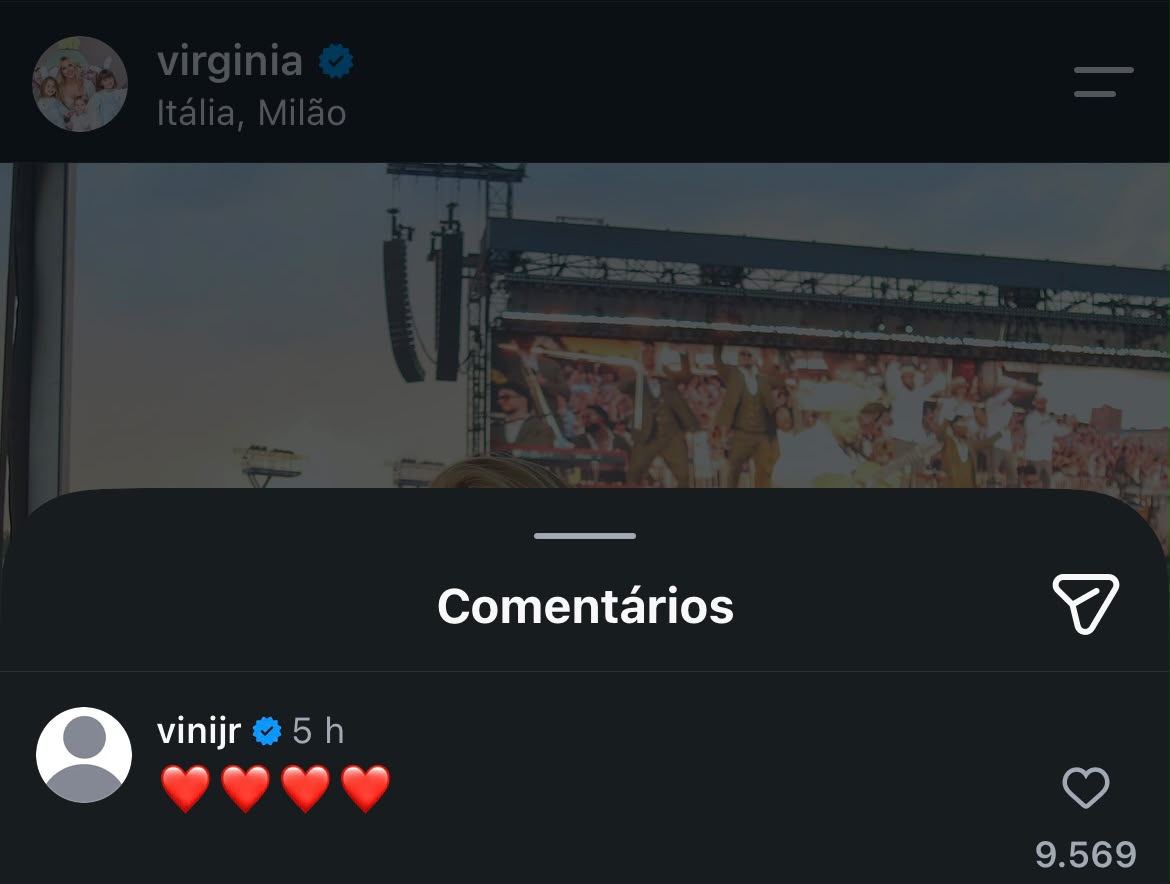 Vini Jr. deixou três corações na publicação de Virginia - Foto: Reprodução/Instagram @virginia
