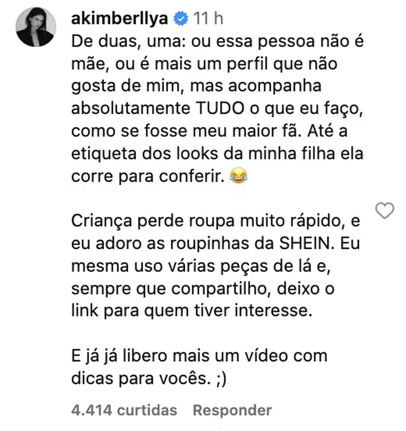 Comentário de Amanda Kimberlly — Foto: Reprodução/Instagram