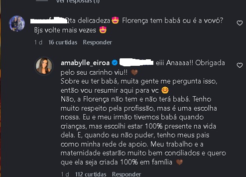 Comentário de Amabylle Eiroa no Instagram