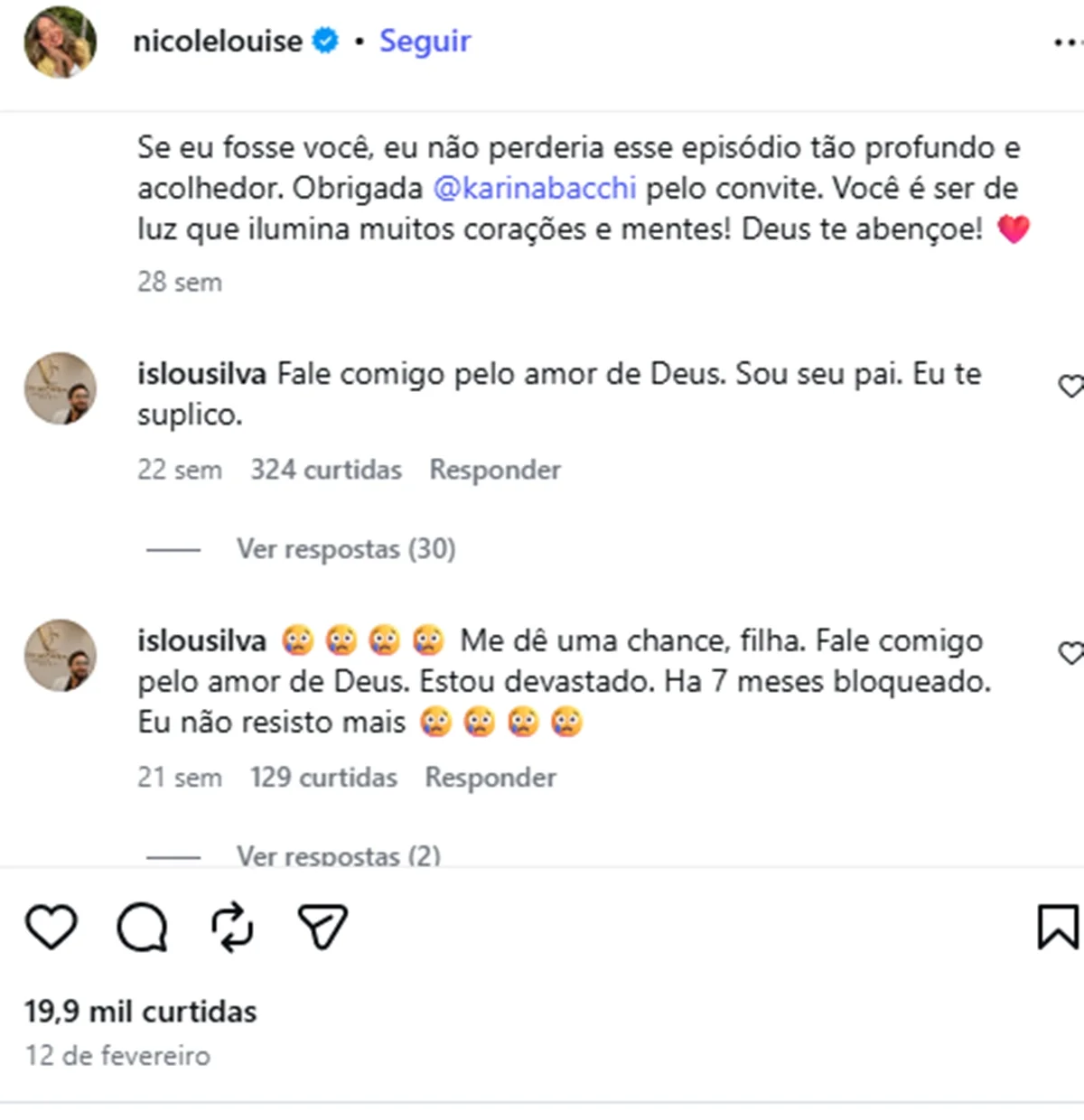 Comentários do pai de Nicole nas redes sociais - Foto: Reprodução/Instagram