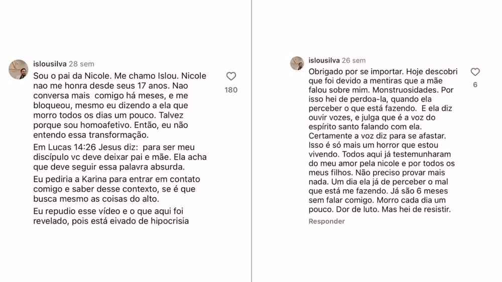 Comentários do pai de Nicole nas redes sociais - Foto: Reprodução/Instagram
