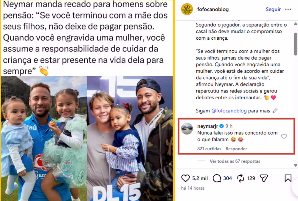 Comentário de Neymar - Foto: Reprodução/Instagram