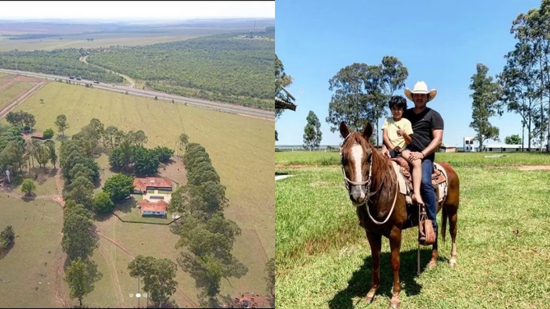 Vista panorâmica de fazenda no Pantanal com vegetação e áreas de pastagem para gado.
