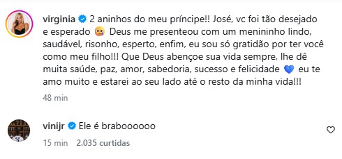 Vini Jr comenta post de Virginia