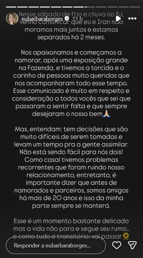 Barbara Borges anuncia fim da união com Iran Malfitano - Foto: Reprodução / Instagram @eubarbaraborges 