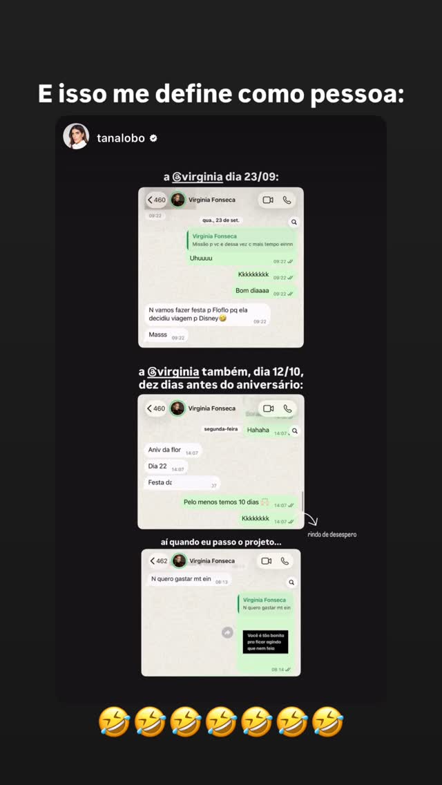 Tana Lobo mostra print de conversa com Virginia – Foto: Reprodução/Instagram