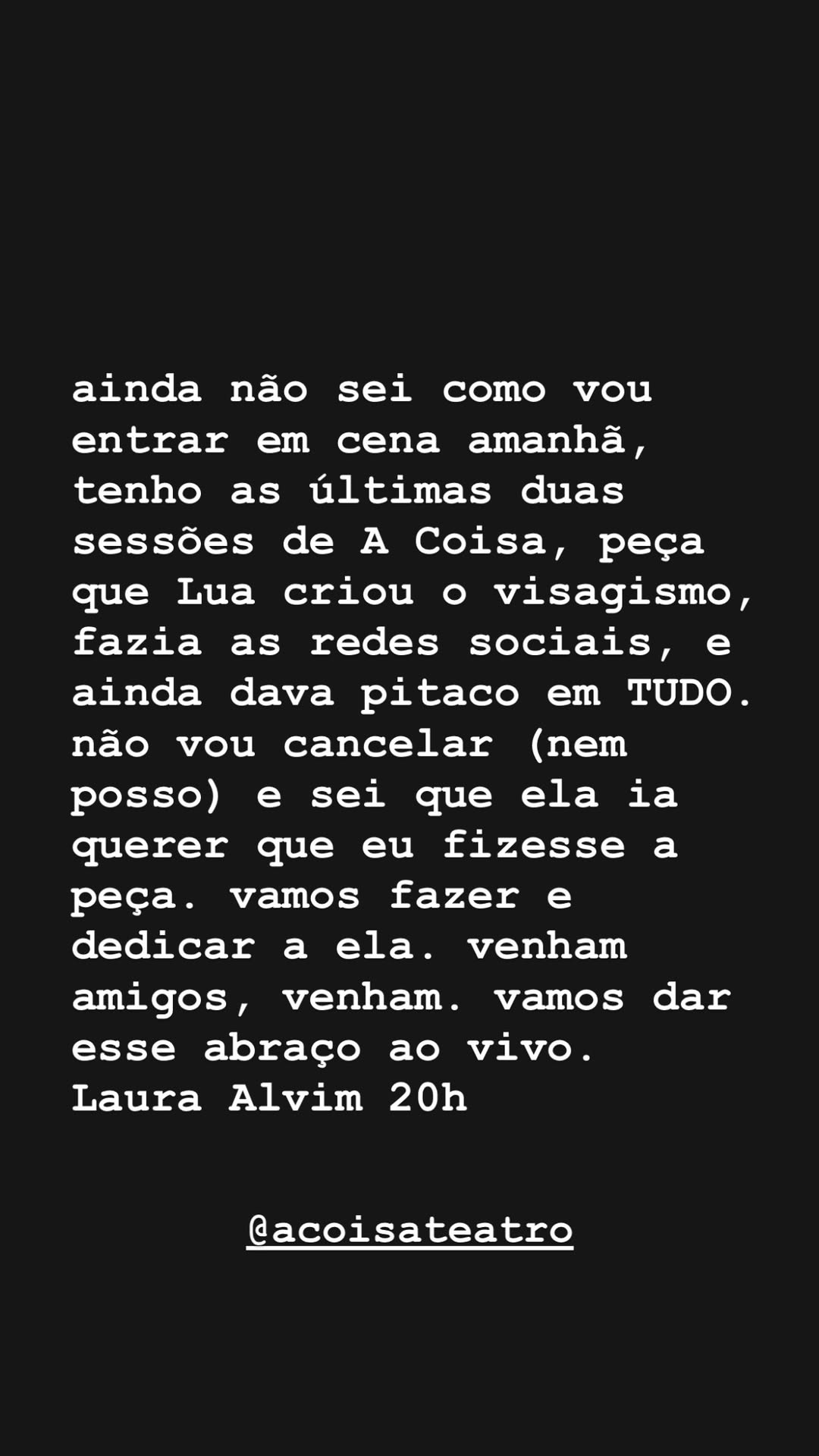 Companheiro de Lua Blanco desabafa após morte da atriz — Foto: Reprodução/Instagram