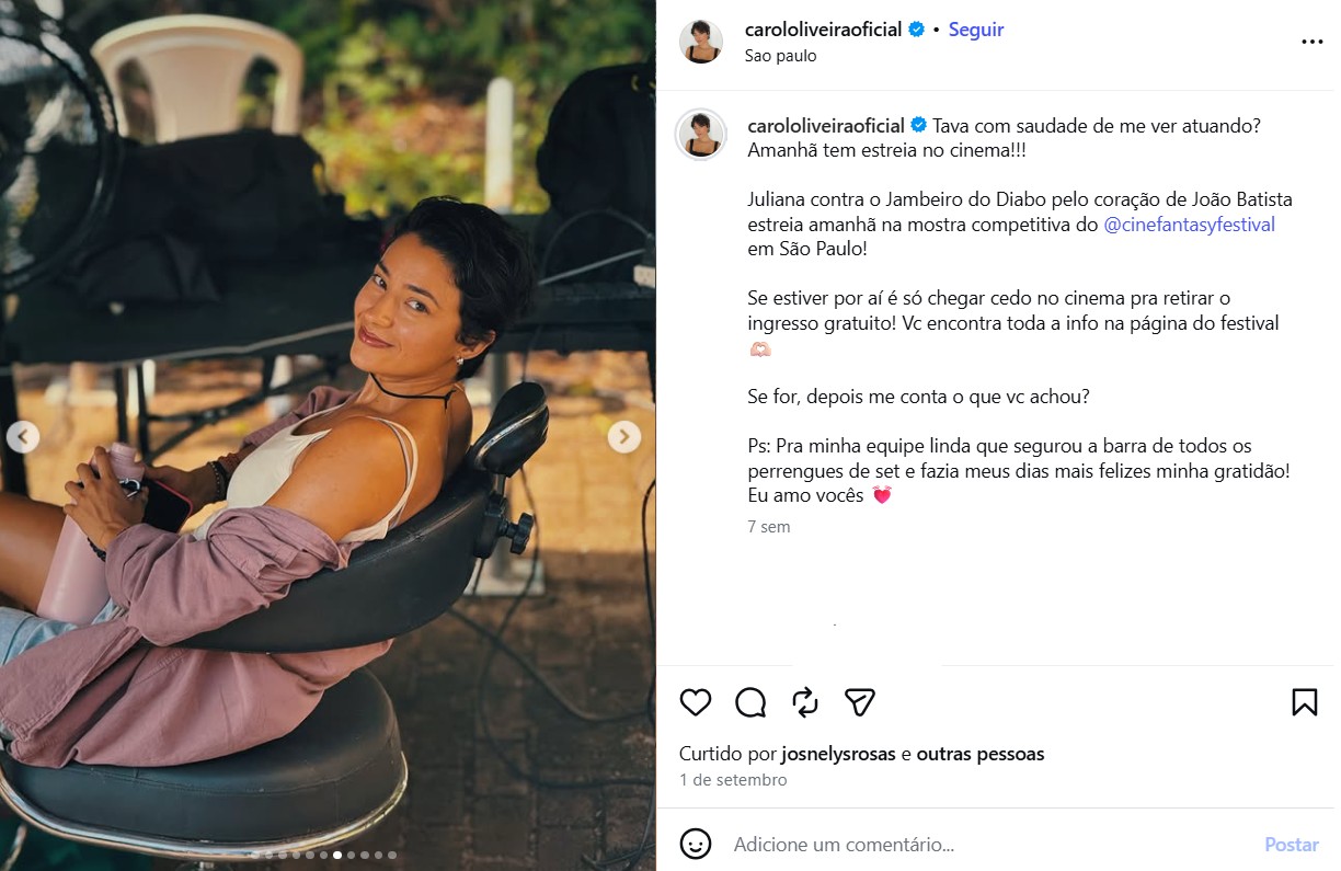 Atriz Carolina Oliveira - Foto: Reprodução / Instagram @carololiveiraoficial