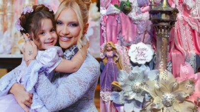 Bolo de Maria Flor, filha de Virginia e Z&eacute; Felipe, impressiona com mais de 3 metros e rendas de a&ccedil;&uacute;car feitas em tempo recorde