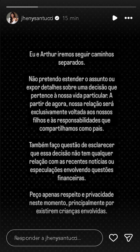 Jheny Santucci anuncia fim do relacionamento com Arthur Aguiar – Foto: Instagram