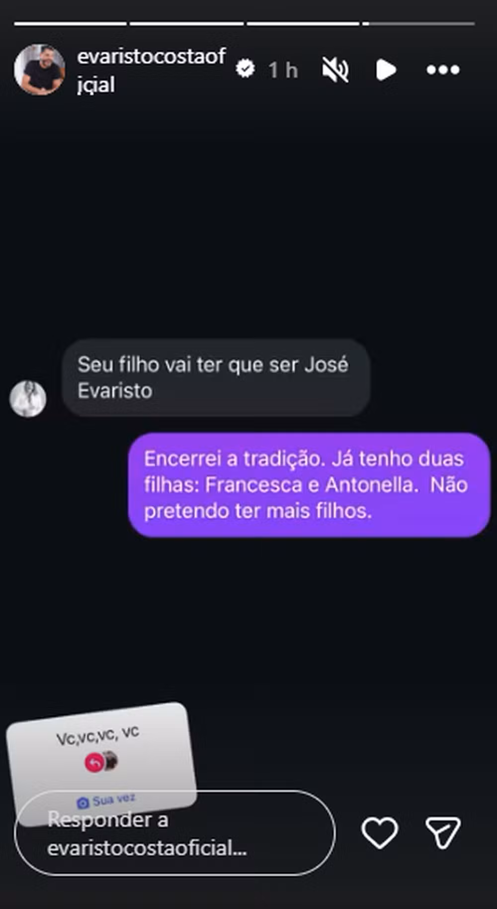 Storie Evaristo Costa - Foto: Reprodução/Instagram