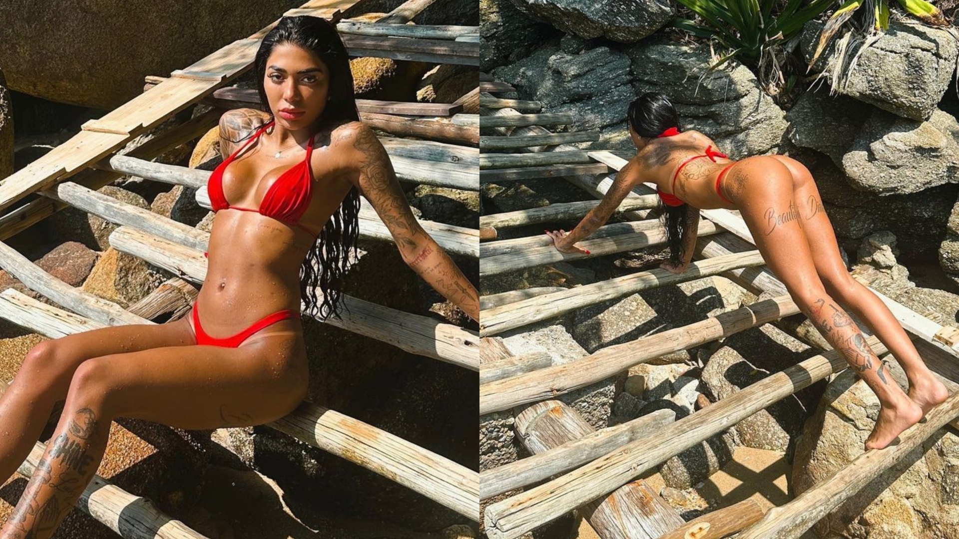 Dhiovanna Barbosa deixa tatuagens à mostra ao fazer poses inusitadas de biquíni