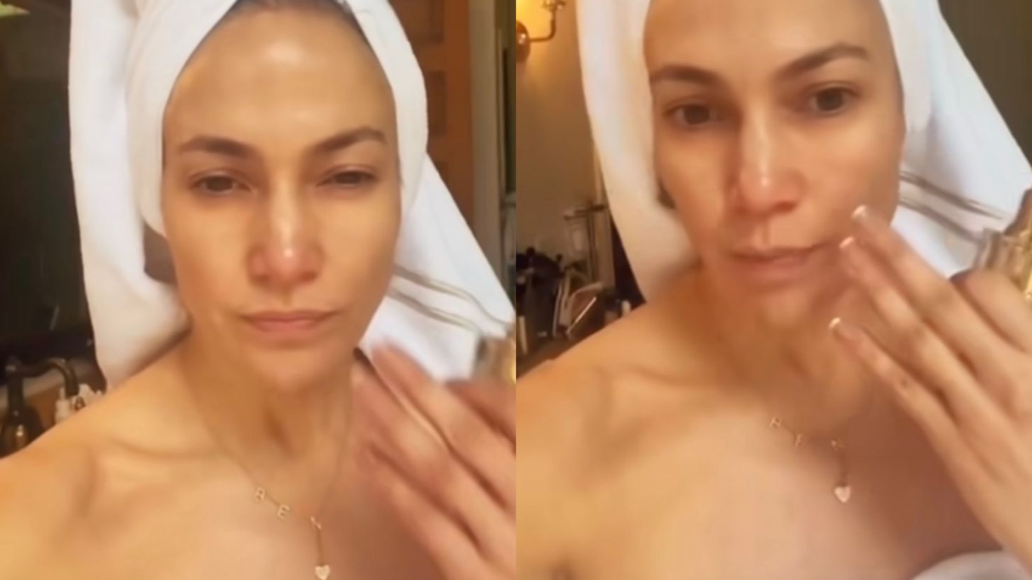 Jennifer Lopez posa de toalha e com joia em homenagem a Ben Affleck