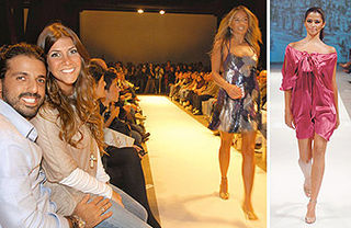 Tico Sahyoun e sua noiva, Aretha Monteiro, assistem ao desfile da grife dele com Adriane Galisteu e Camila Alves na passarela