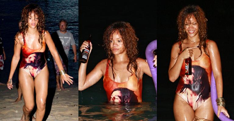Rihanna: na praia com maiô Bob Marley