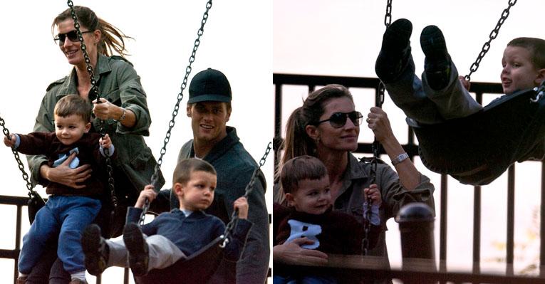 Gisele Bündchen e Tom Brady brincam com os filhos em Boston
