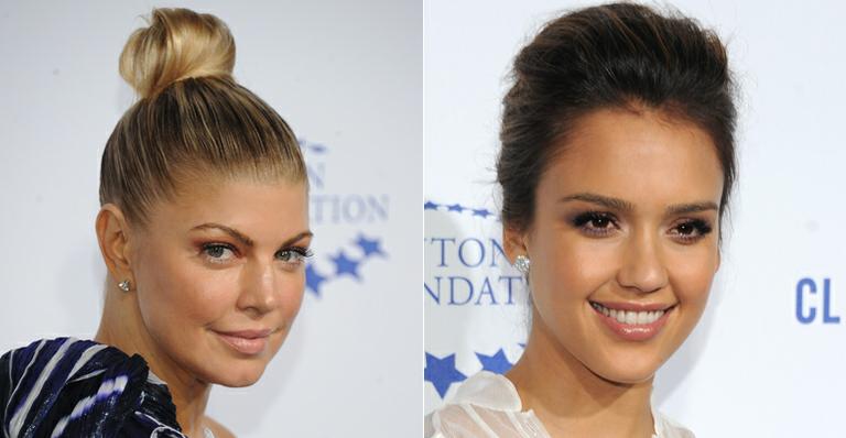 Fergie e Jessica Alba apostaram no charme do coque para evento de gala em Los Angeles