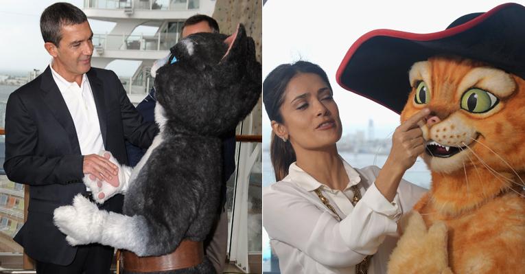 Antônio Banderas e Salma Hayek lançam animação ‘Gato de Botas’ na Flórida