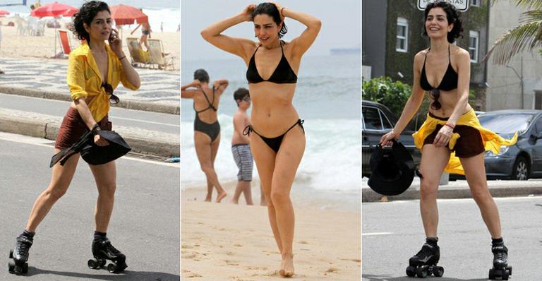 Letícia Sabatella aproveita domingo de sol para patinar na orla e mergulhar no Leblon