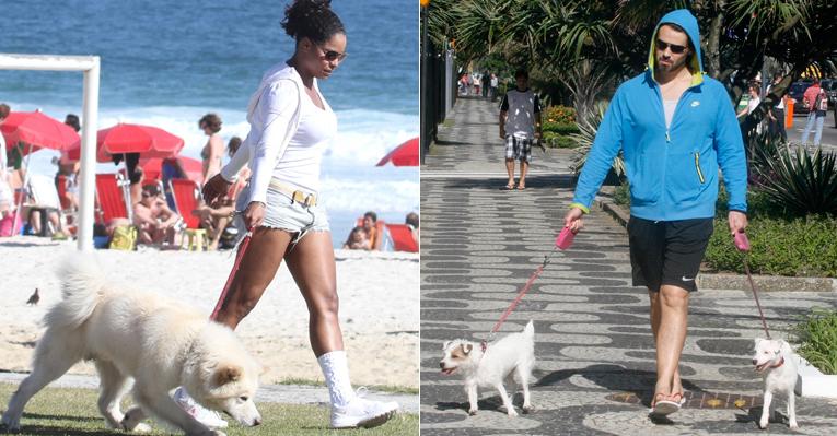 Adriana Bombom e Carmo Dalla Vecchia passeiam com seus cachorros no feriado
