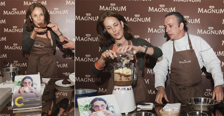 Carolina Ferraz prepara bolo de chocolate em evento