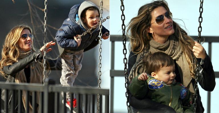 Gisele vai ao parque com filho Benjamin e o enteado John