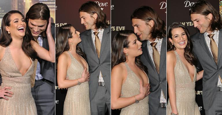 Ashton Kutcher brinca com fotógrafos olhando para o decote de Lea Michele