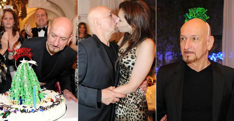 Ben Kingsley celebra aniversário com beijo em esposa brasileira