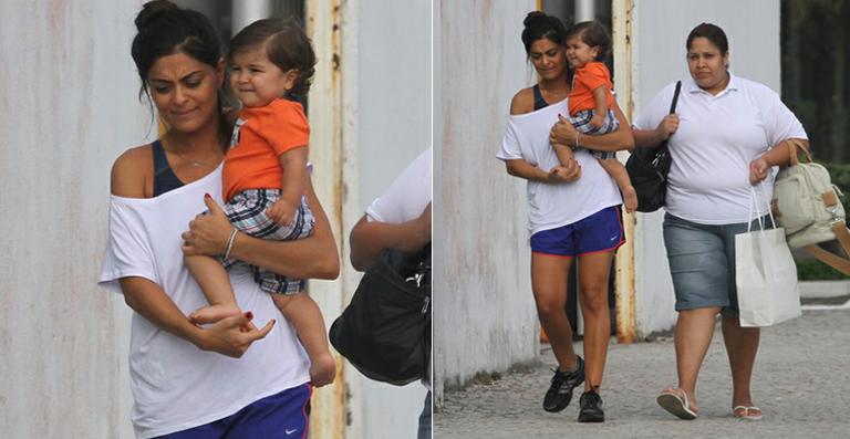 Juliana Paes vai à academia com o filho, Pedro