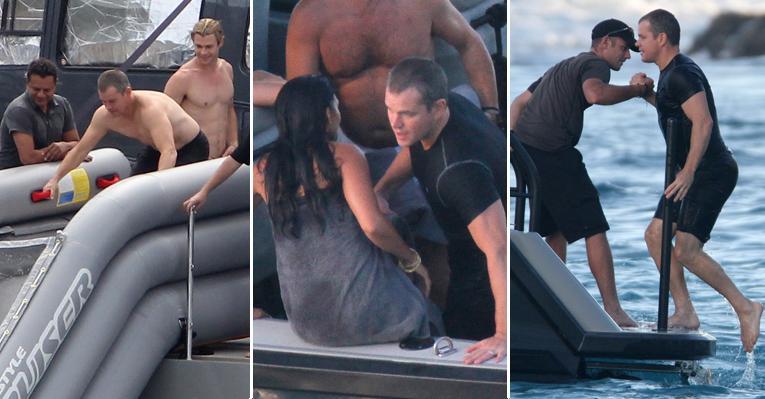 Matt Damon se diverte com esposa e amigos em brinquedo de ar na França