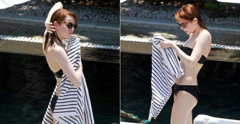 Estrela de ‘Homem Aranha’, Emma Stone chega ao Brasil e curte piscina no Rio