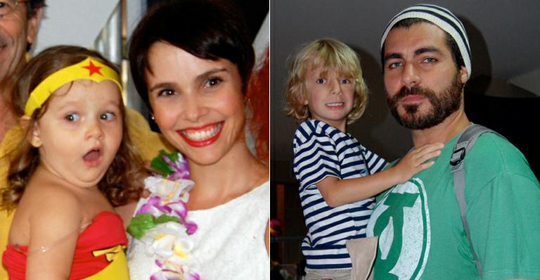 Pequenos foliões: Thiago Lacerda e Débora Falabella levam os filhos a baile infantil