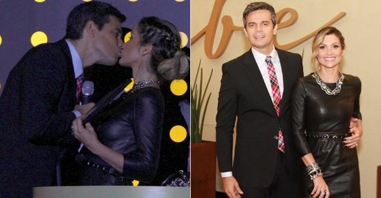 Flávia Alessandra e Otaviano Costa dão beijinho em evento no Rio