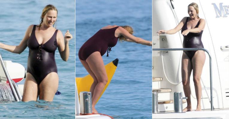 Grávida, Uma Thurman passeia de barco em St. Barths