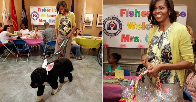 Michelle Obama veste Bo, o cachorro da família, com orelhas de coelho