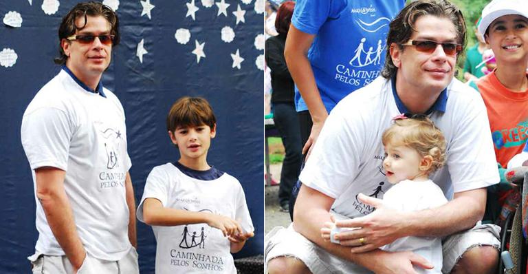 Fabio Assunção participa de caminhada com os filhos João e Ella Felipa