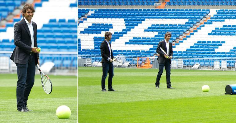 De terno, Rafael Nadal joga tênis no campo do Real Madrid