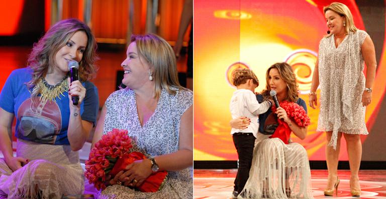 Claudia Leitte recebe flores de Davi no ‘Caldeirão do Huck’