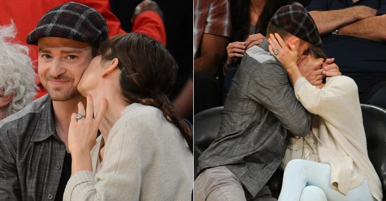 A paixão de Justin Timberlake e Jessica Biel em jogo de basquete em Los Angeles