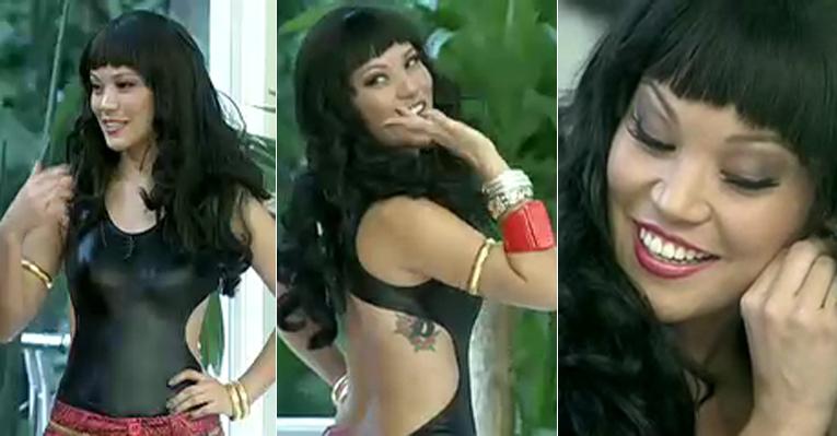 Geovanna Tominaga se transforma em periguete no palco do ‘Mais Você’