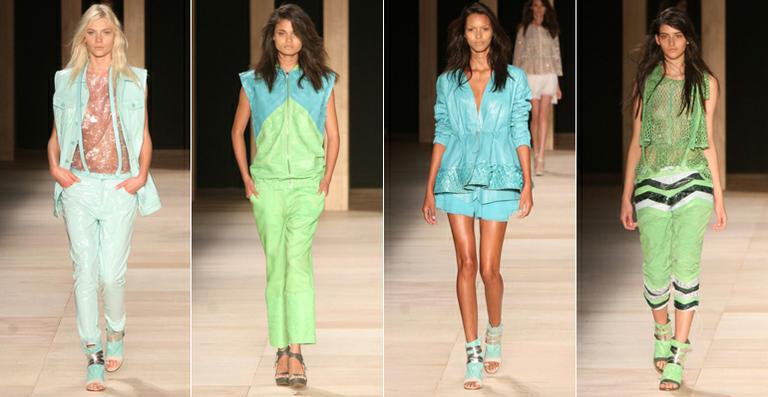 Tons de azul e verde no desfile da grife Ágatha