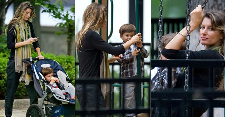 Gisele Bündchen e seu herdeiro Benjamin em agradável tarde no parque